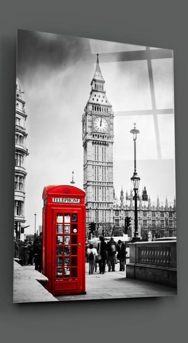 Tableau en verre - Londres, Cabine téléphonique et Big Ben (Tour Grande Cloche) - Deco Story - L’histoire de la décoration s'écrit ici