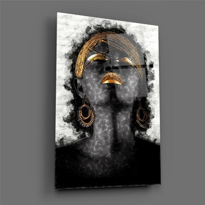 Tableau en verre - Femme africaine avec maquillage et cheveux dorés - Deco Story - L’histoire de la décoration s'écrit ici